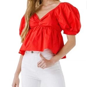 English Factory Red Puff Sleeve Babydoll Top Small Cropped Peplum Blouse